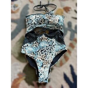 New REISS Megan Blue Printed Cut-Out One Piece Swimsuit Size 4